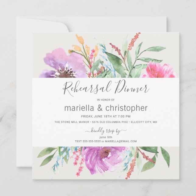 Rehearsal Dinner Blooming Garden Watercolor Invitation (Front)