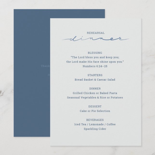 Rehearsal Dinner | Blue Christian Wedding Menu (Front/Back)