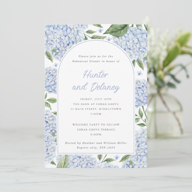 Rehearsal Dinner Blue Hydrangea Flower Arch Invitation (Standing Front)