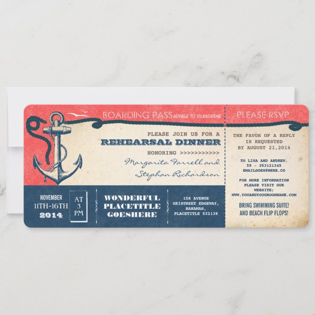 rehearsal dinner boarding pass-tickets with RSVP Invitation (Front)