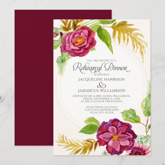 Rehearsal Dinner BOHO Burgundy Floral Fall Roses Invitation (Front/Back)