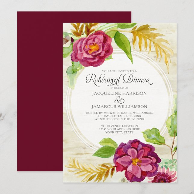 Rehearsal Dinner BOHO Burgundy Floral Fall Roses Invitation (Front/Back)