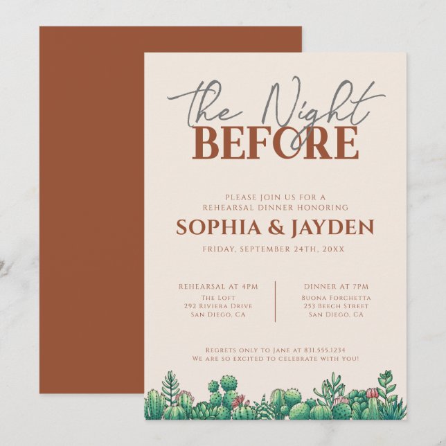 Rehearsal Dinner BOHO Cactus Terracotta Fall Burnt Invitation (Front/Back)