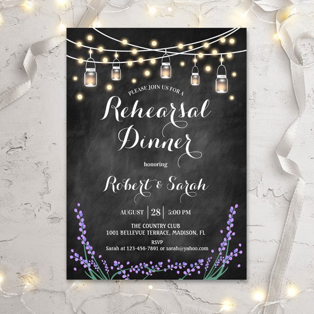 Rehearsal Dinner - Chalkboard Lights Lavender Invitation (Creator Uploaded)