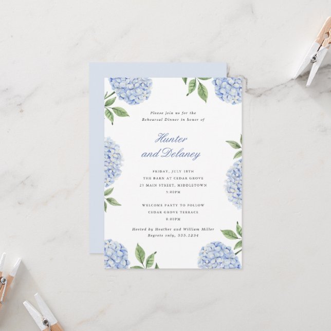 Rehearsal Dinner Classic Blue Hydrangea Flower, SM Invitation (Front/Back In Situ)