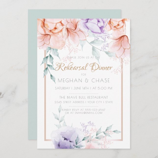 Rehearsal Dinner | Coral / Lilac Aquarelle Peonies Invitation (Front/Back)