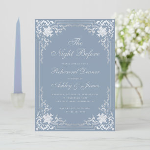Rehearsal Dinner Dusty Blue Faux Silver Vintage  Invitation