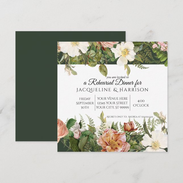 Rehearsal Dinner Emerald Forest Ivory Rose Floral Invitation (Front/Back)