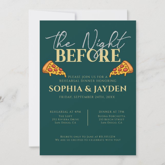 Rehearsal Dinner Emerald Green Gold PIZZA Modern Invitation (Front)