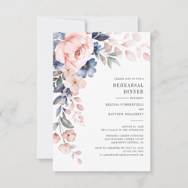 Rehearsal Dinner Floral Dusty Blue Pink Flowers Invitation (Front)