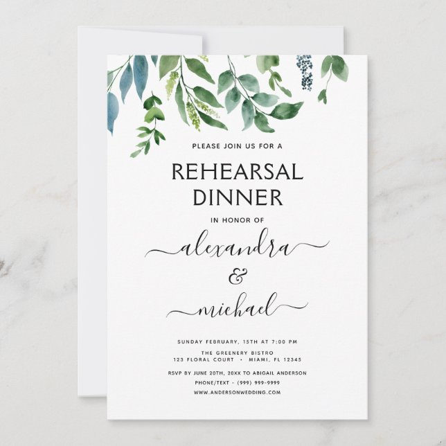 Rehearsal Dinner Foliage Greenery Elegant Invitation (Front)