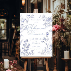 Rehearsal Dinner french toile Blue Floral  welcome Poster