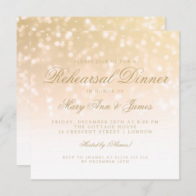 Rehearsal Dinner Gold Bokeh Sparkle Lights Invitation (Front/Back)