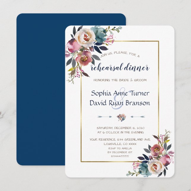 Rehearsal Dinner | Gold Dusty Blue Pink Floral Invitation (Front/Back)
