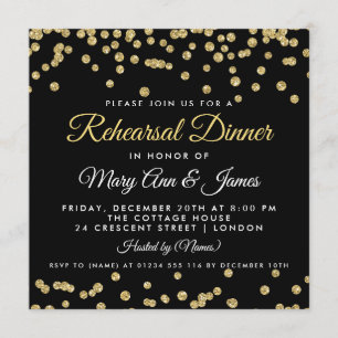 Rehearsal Dinner Gold Faux Glitter Confetti Black Invitation