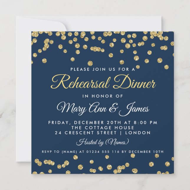 Rehearsal Dinner Gold Faux Glitter Confetti Navy Invitation (Front)