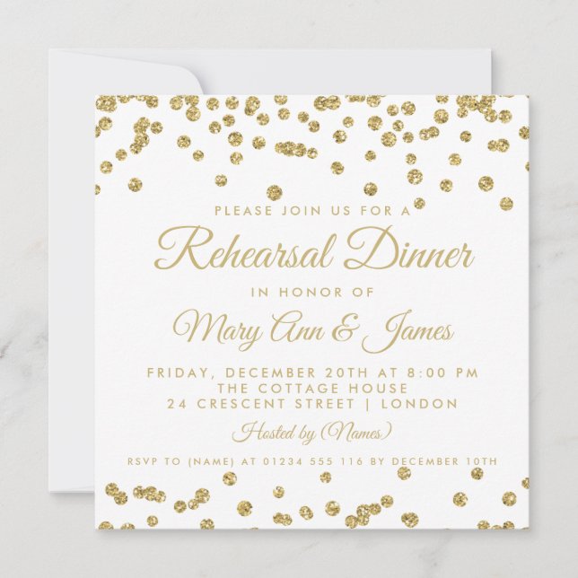 Rehearsal Dinner Gold Faux Glitter Confetti White Invitation (Front)