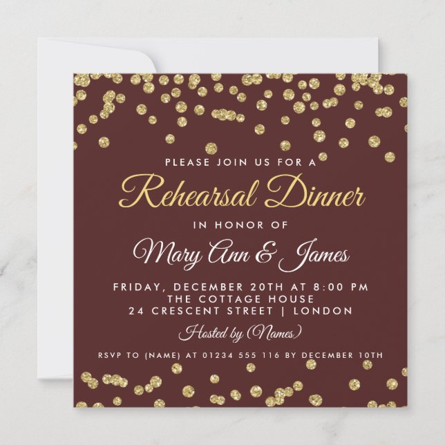 Rehearsal Dinner Gold Glitter Confetti Marsala Invitation (Front)
