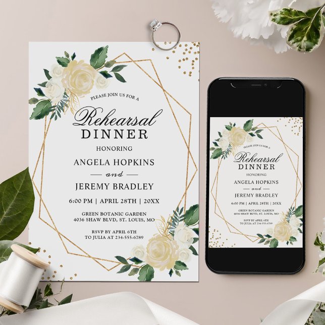 Rehearsal Dinner Gold Glitters Greenery Floral Invitation (Creator Uploaded)