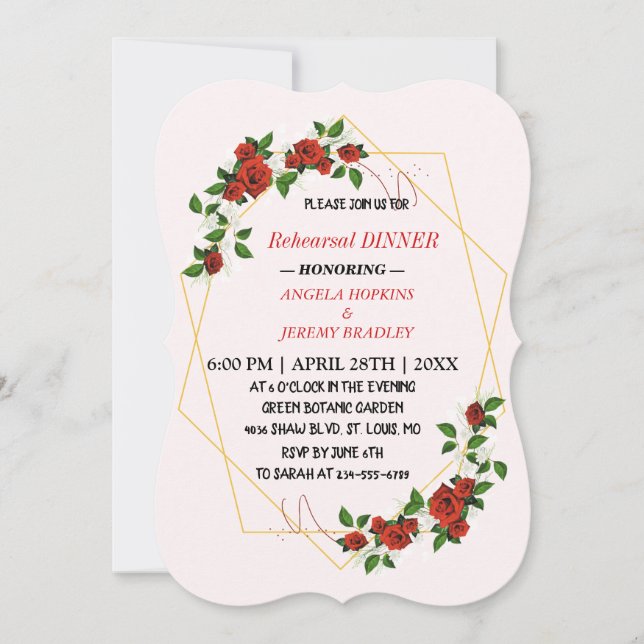 Rehearsal Dinner Gold Glitters  Red Floral Invitation (Front)