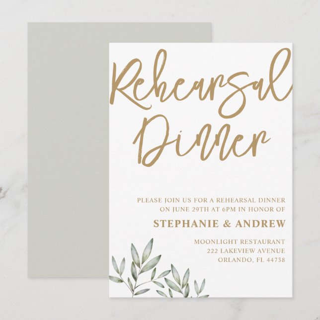 Rehearsal Dinner Gold & Green Invitation (Front/Back)