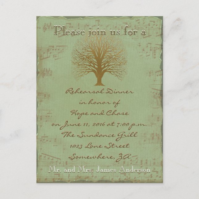 Rehearsal Dinner Golden Oak Tree Invitation Postcard (Front)