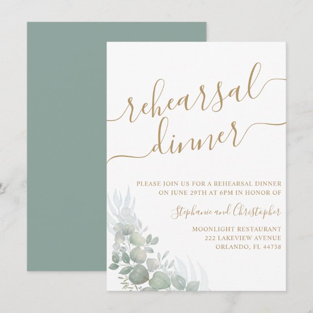 Rehearsal Dinner Green Foliage Gold Script Wedding Invitation (Front/Back)