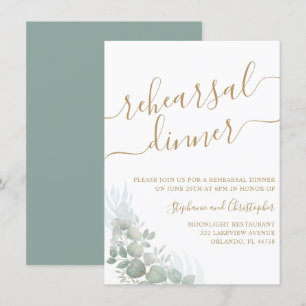 Rehearsal Dinner Green Foliage Gold Script Wedding Invitation