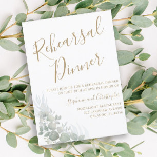 Rehearsal Dinner Green Foliage Gold Script Wedding Invitation