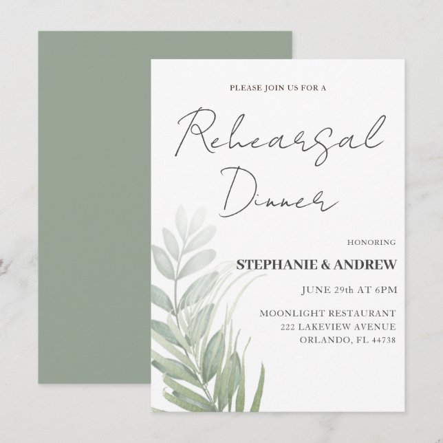 Rehearsal Dinner Green Foliage Wedding Invitation (Front/Back)