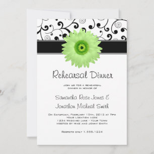 Rehearsal Dinner Green Gerbera Daisy Black Scroll Invitation