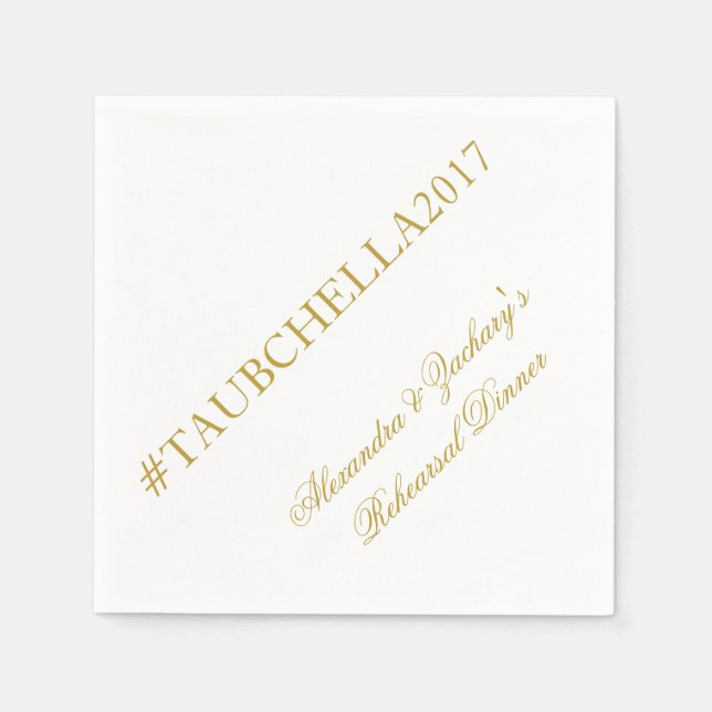 Rehearsal Dinner Hashtag Napkins Gold and White (Front)