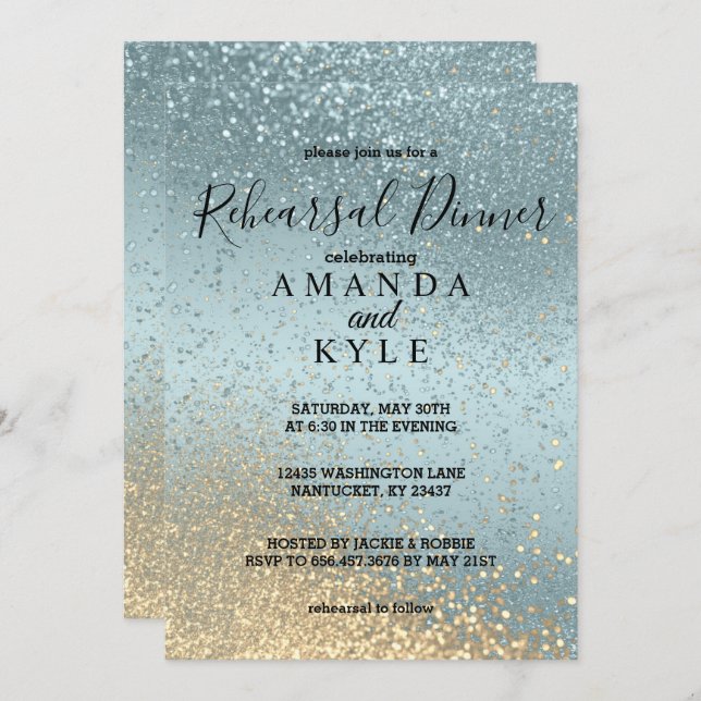 Rehearsal Dinner in Blue and Gold Glitter  Invitation (Front/Back)