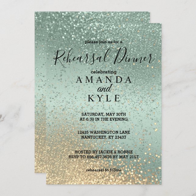 Rehearsal Dinner in Green and Gold Glitter   Invitation (Front/Back)