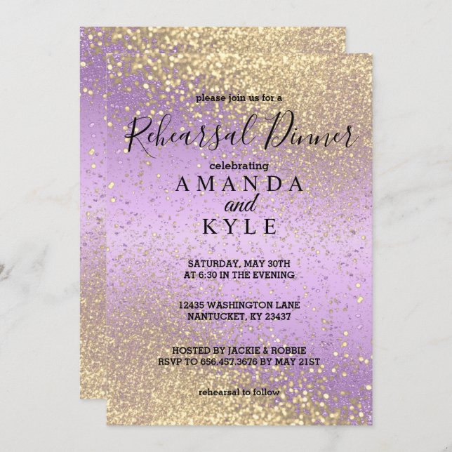 Rehearsal Dinner in Purple and Gold Glitter Invitation (Front/Back)