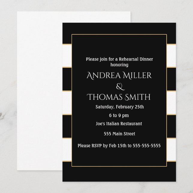 Rehearsal Dinner Invitation Black White Stripes (Front/Back)