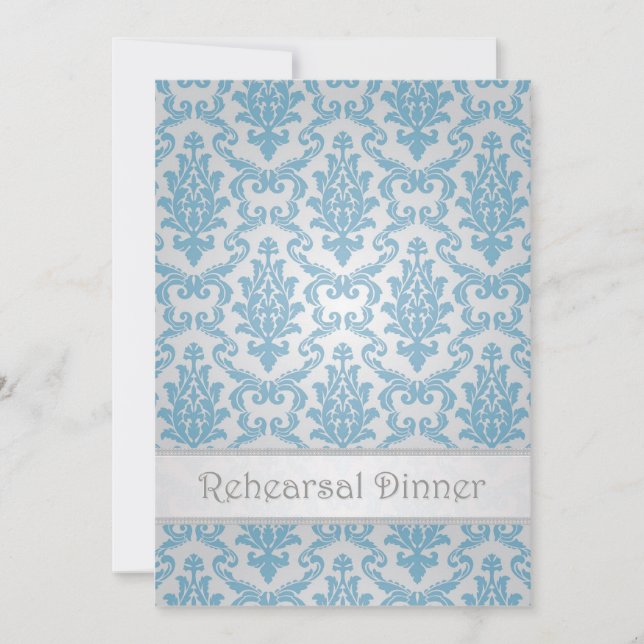Rehearsal dinner Invitation. Blue damask pattern. Invitation (Front)