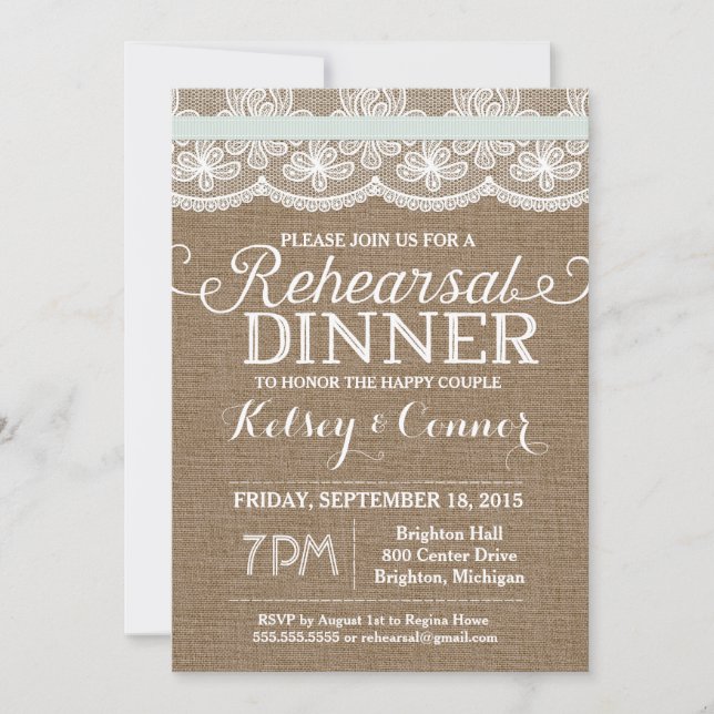 Rehearsal Dinner Invitation, Burlap and Lace, Mint Invitation (Front)