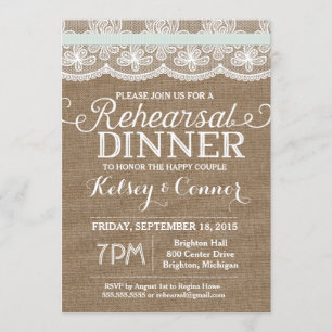 Rehearsal Dinner Invitation, Burlap and Lace, Mint Invitation