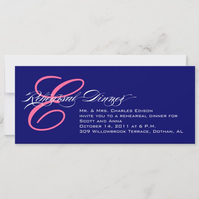 Rehearsal Dinner Invitation Navy Pink Monogram (Front)
