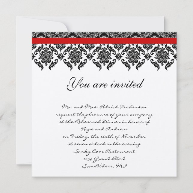 Rehearsal Dinner Invitation -Vintage Black Damask (Front)