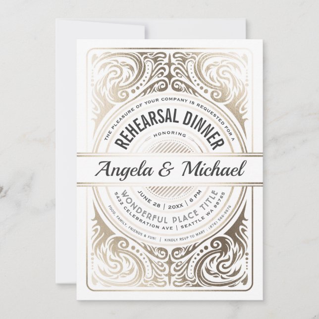 Rehearsal Dinner Invitations White & Gold Foil (Front)