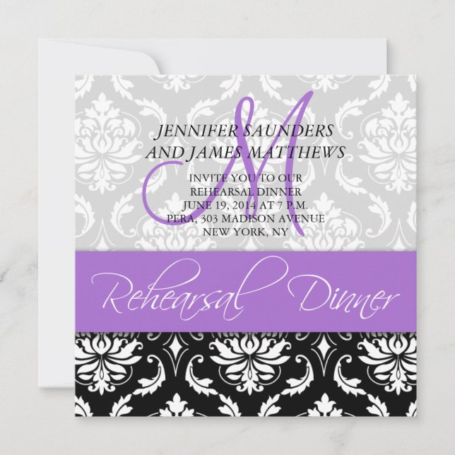 Rehearsal Dinner Invite Damask Monogram Lavender (Front)