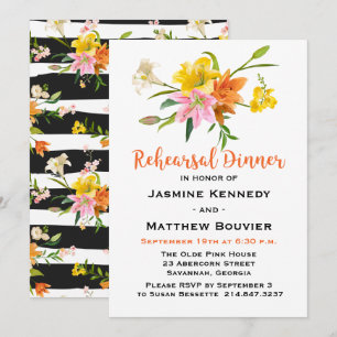 Rehearsal Dinner Lily Flowers Orange Black Stripes Invitation