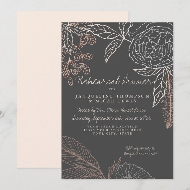 Rehearsal Dinner Line Art Charcoal Floral Peony Invitation (Front/Back)