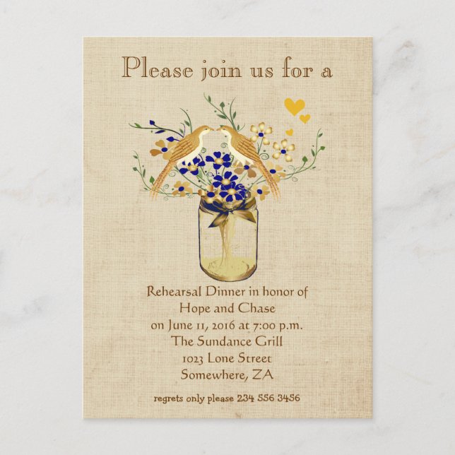 Rehearsal Dinner Mason Jar Wild Flower Love Birds Invitation Postcard (Front)