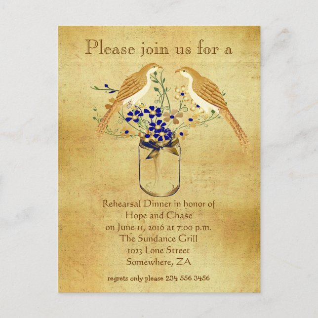 Rehearsal Dinner Mason Jar Wild Flower Love Birds Invitation Postcard (Front)