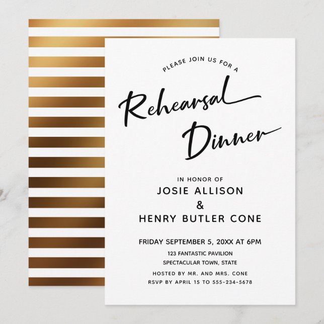 Rehearsal Dinner Modern Calligraphy, Gold Stripes Invitation (Front/Back)