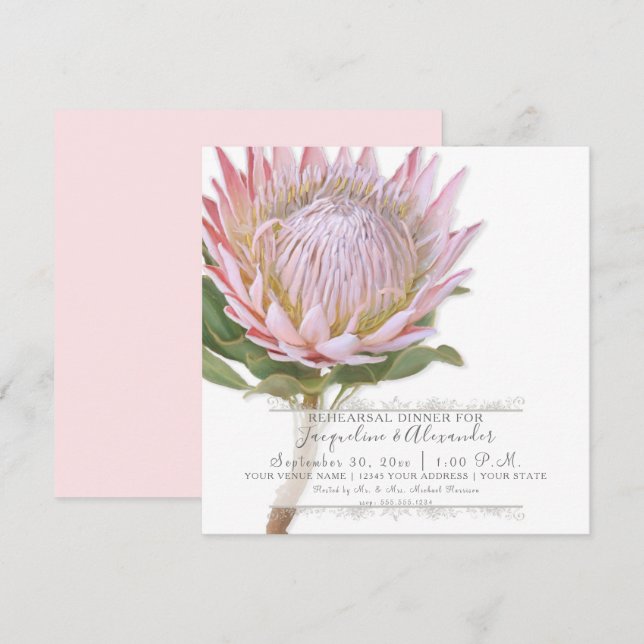 Rehearsal Dinner Modern Vintage Pink Protea Flower Invitation (Front/Back)