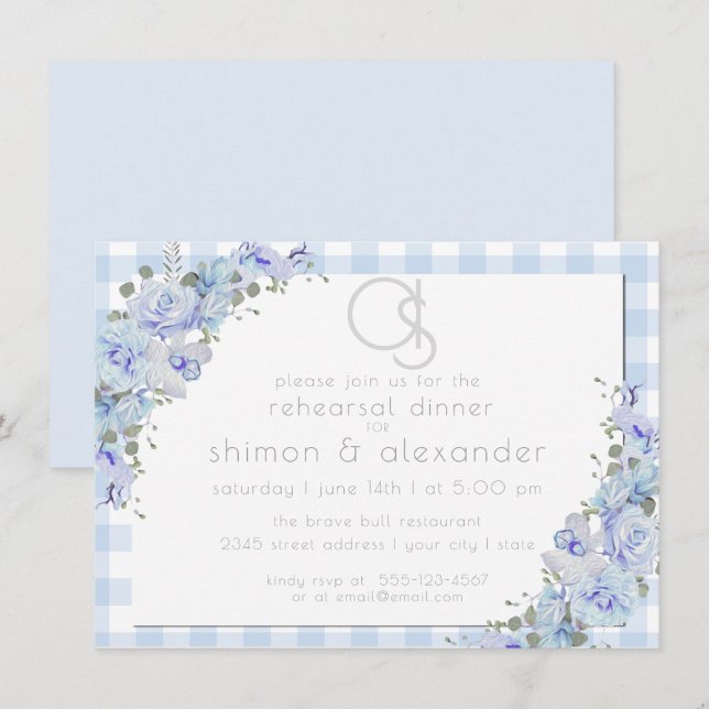 Rehearsal Dinner  | Monogram Blue Gingham Floral Invitation (Front/Back)